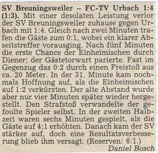 SV Breuningsweiler FCTV Urbach 06.09.1987 Zeitungsbericht