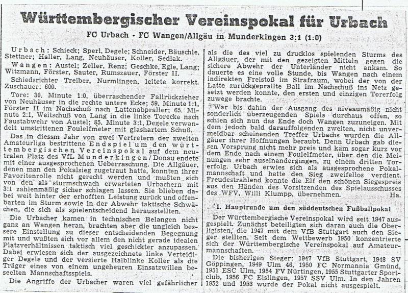 FCTV Urbach 1958 Wuertt. Pokalsieger 22.11.1958