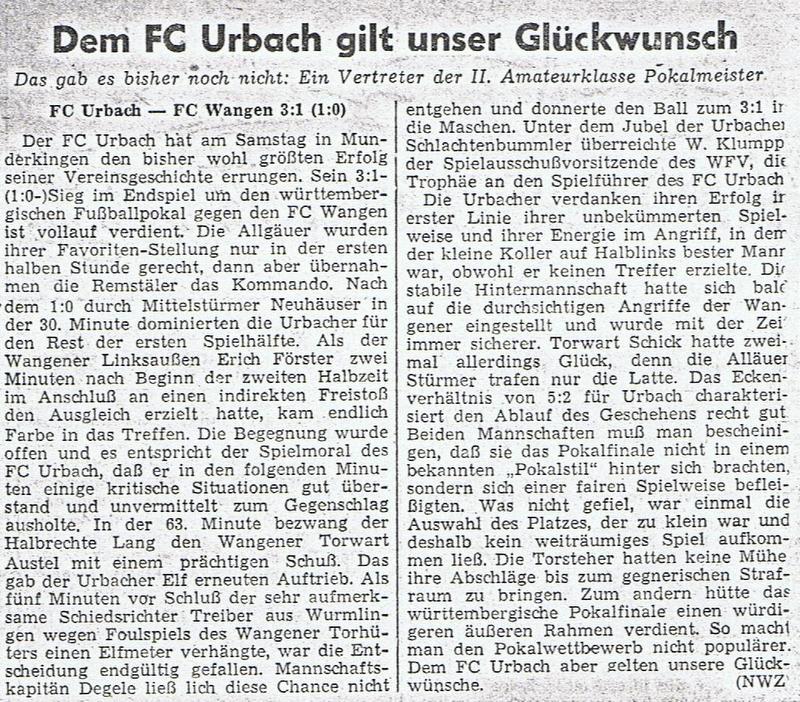 FCTV Urbach Saison 1958 59 Glueckwunsch zum Pokalsieg 22.11.1958 NWZ Pokal