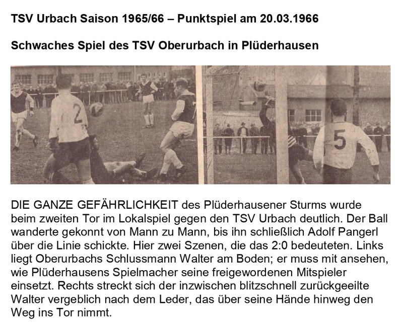 TSV Urbach Saison 1965 1966 SV Pluederhausen TSV Oberurbach 20.03.1966 Foto