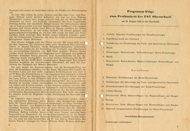 TSV Urbach Festschrift 50 Jahre 1949 Seite 4 und Seite 5
