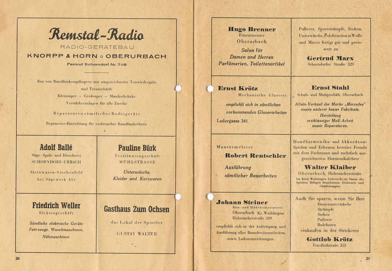 TSV Urbach Festschrift 50 Jahre 1949 Seite 20 und Seite 21