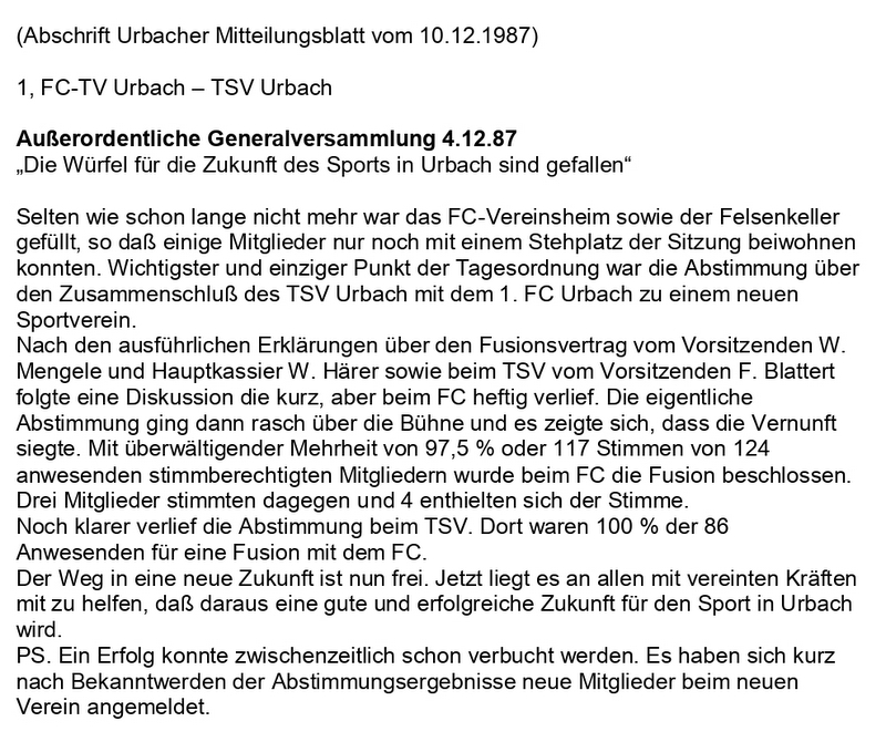 FCTV TSV Urbach Ao Generalversammlung 04.12.1987 MItteilungsblatt