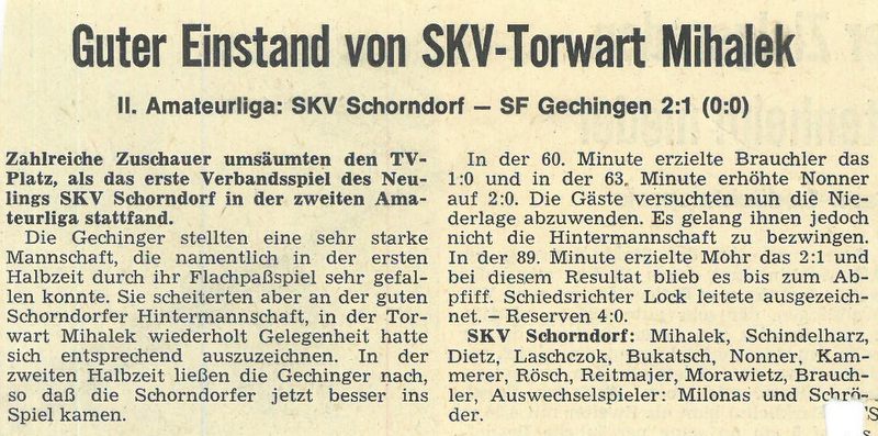 SKV Schorndorf Saison 1971 72 SKV Schorndorf SF Gechingen Original Spielbericht 15.08.1971